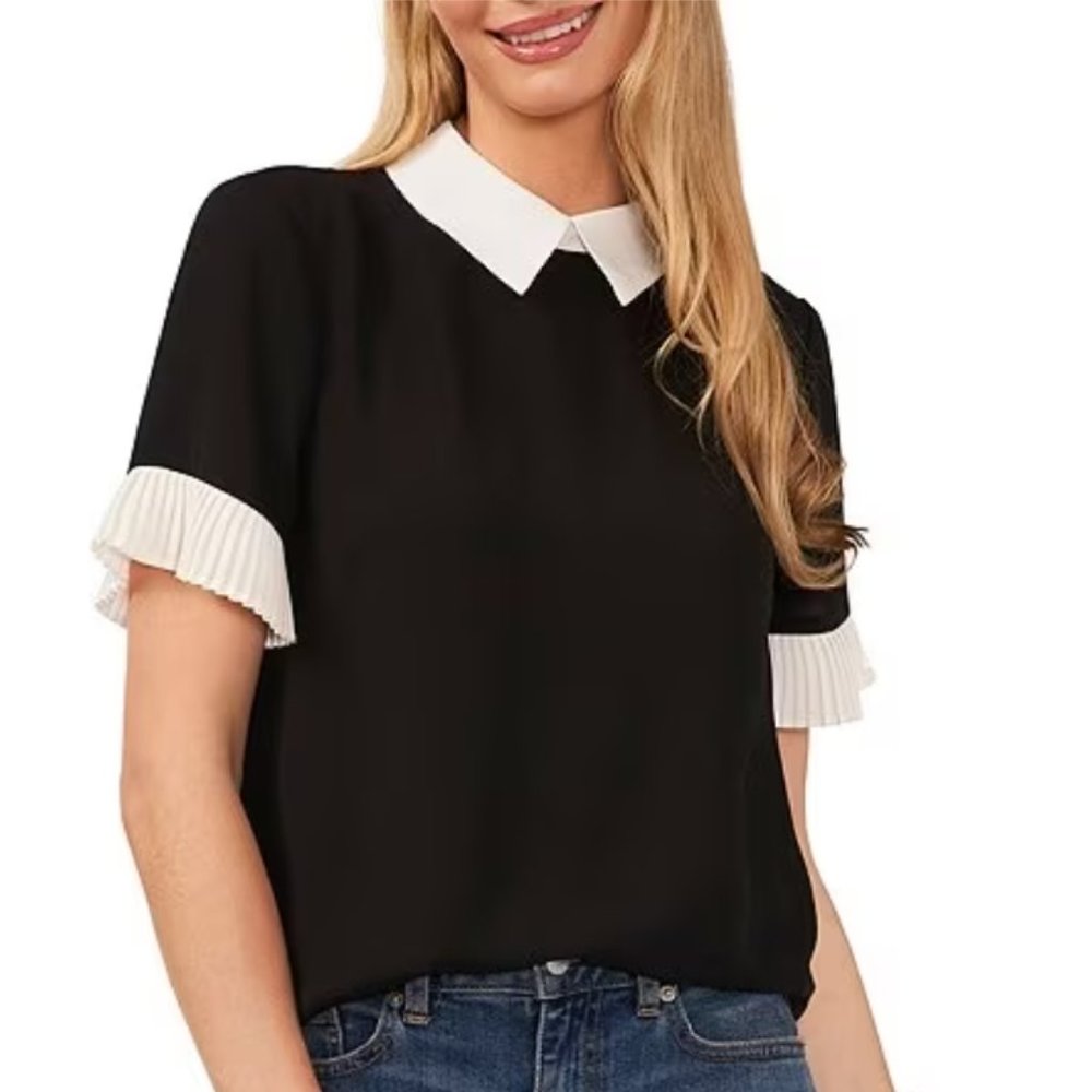 CeCe Point Collar Pleat Short Sleeve Color Block Blouse, Size Small